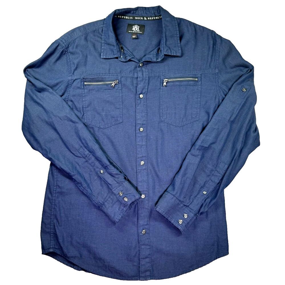 Rock Republic‎ Button Long Sleeve Shirt Mens Large Roll Tab Zippers Pockets Blue
